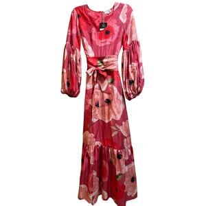 Sruti Dalmia Pink Floral Satin Belted Maxi Dress - NWT - Size XS - $360 MSRP